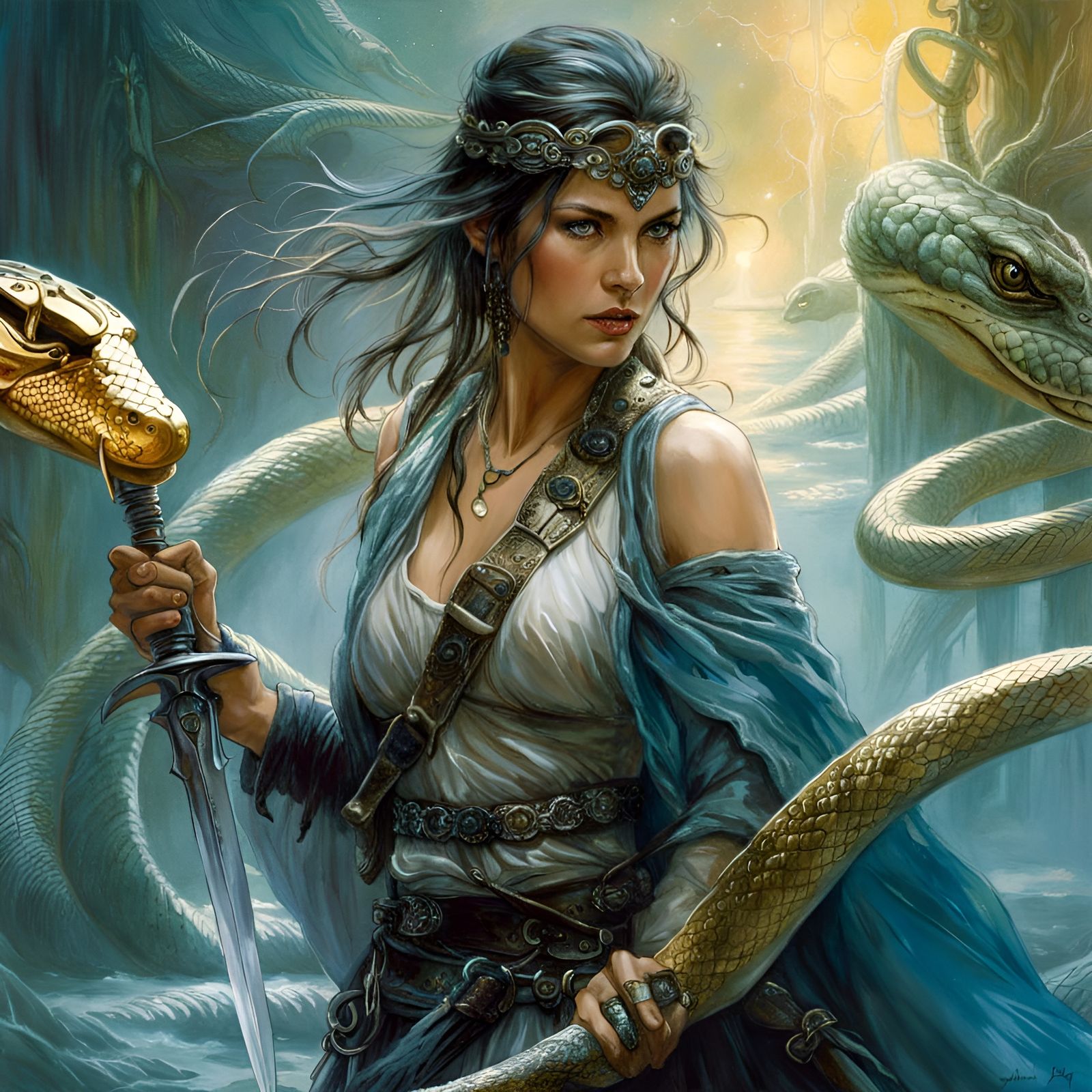 Adventuress Fighting Snakes in Stream, Digital Art