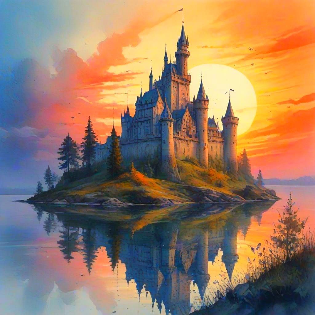 Watercolor Castle on Lake at Sunset