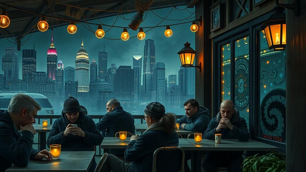 Rainy Cafe with Dystopian Surrealist Backdrop
