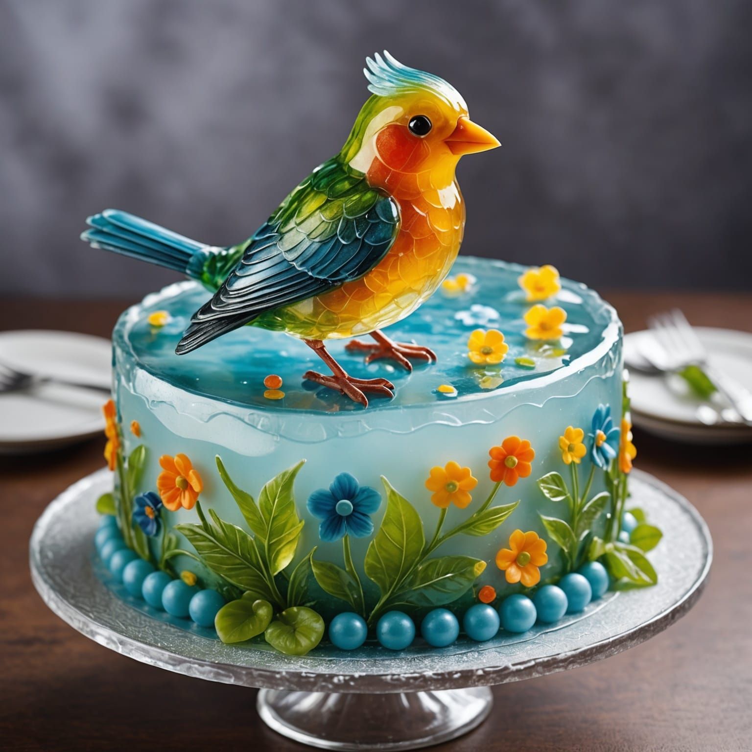 Gelatin Bird on Birthday Cake in Photographic Style