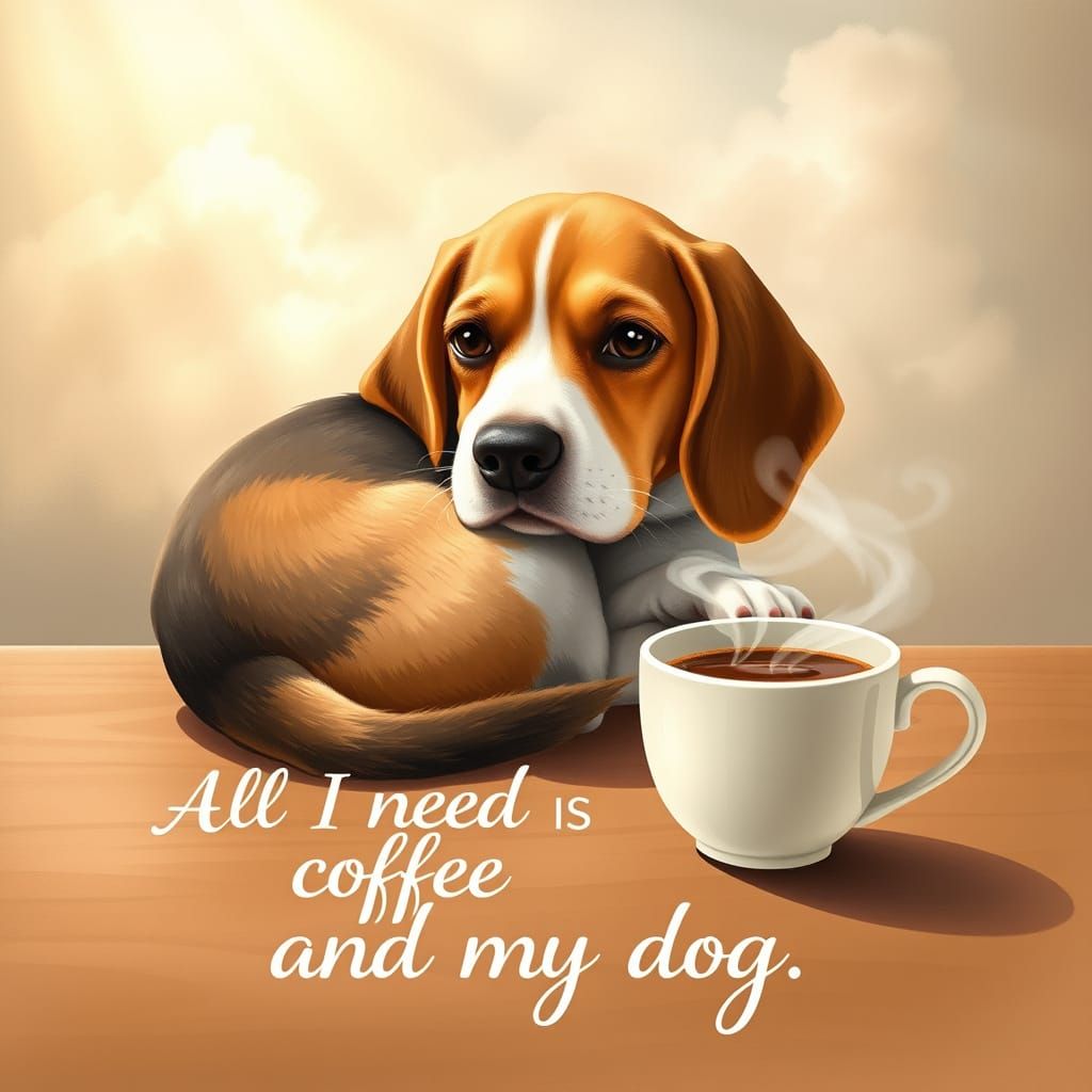Cozy Beagle Snuggles Beside Coffee Cup in Warm, Inviting Sce...