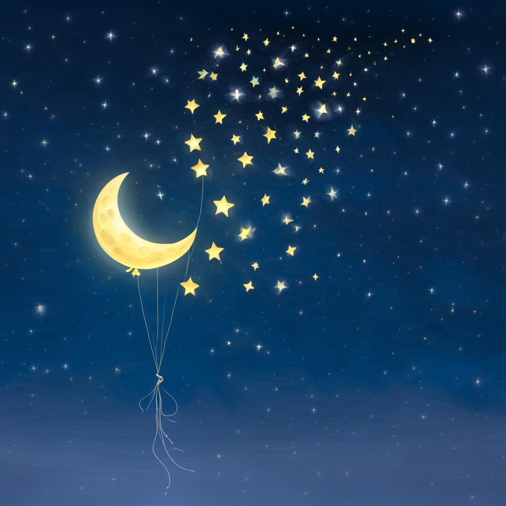 Glowing Star Balloons Held by Crescent Moon