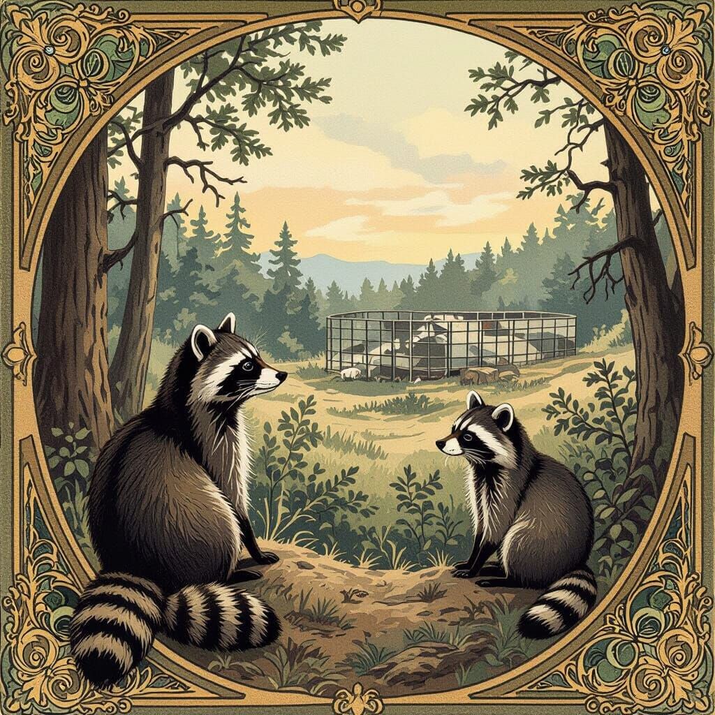 Raccoons Eyeing Landfill in Art Nouveau Rococo Style