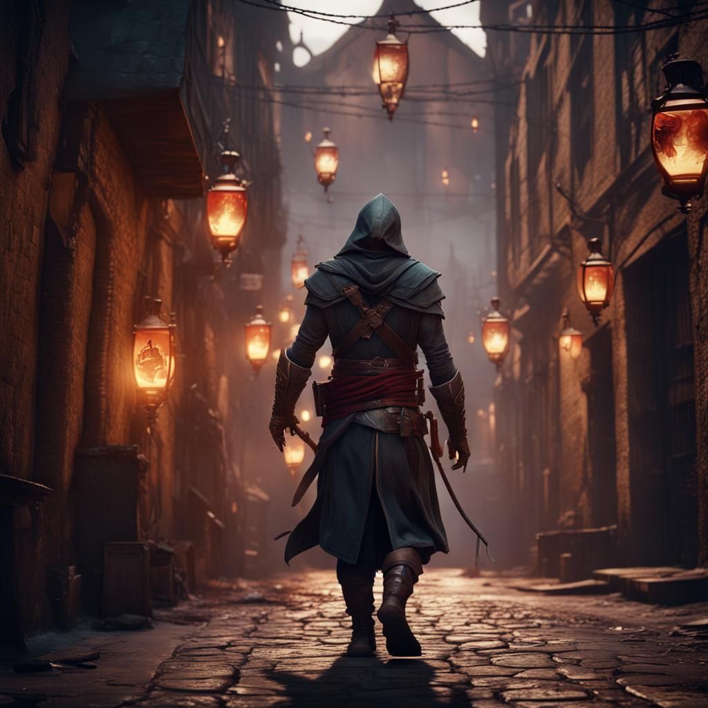 Assassin in Gaslit Street: Detailed Matte Painting