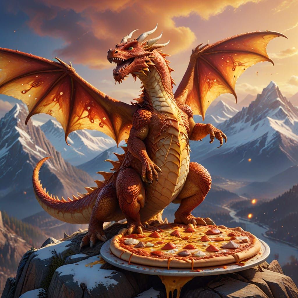 Pizza Dragon on Mountain: Colorful Digital Art