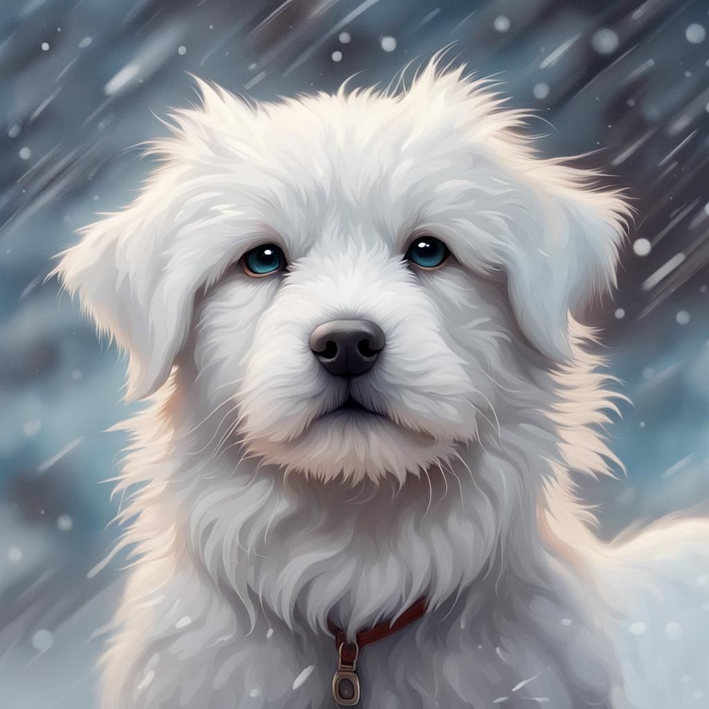Hyperrealistic White Puppy Portrait on Snowy Day