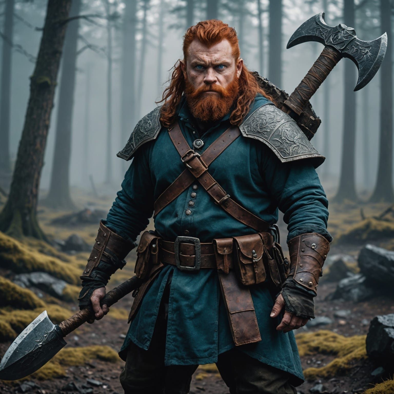 Dwarf Ranger with Double Axe in Dark Fantasy Scene