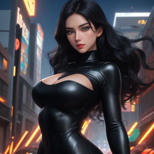 Anime Girl in Black Bodysuit, Cel-Shaded Style