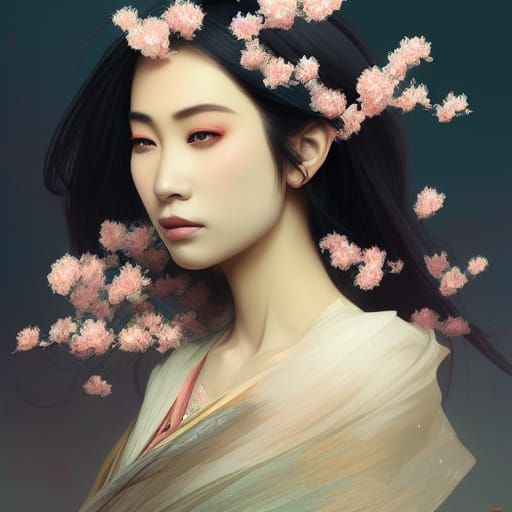 Asian Queen with Cherry Blossoms, Hyperdetailed Portrait
