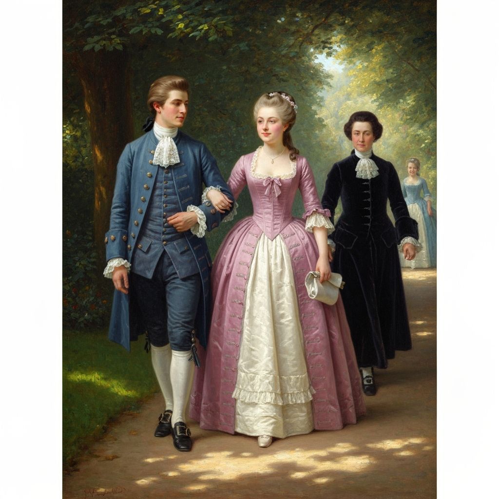 1700s Couple Strolls Park With Chaperone