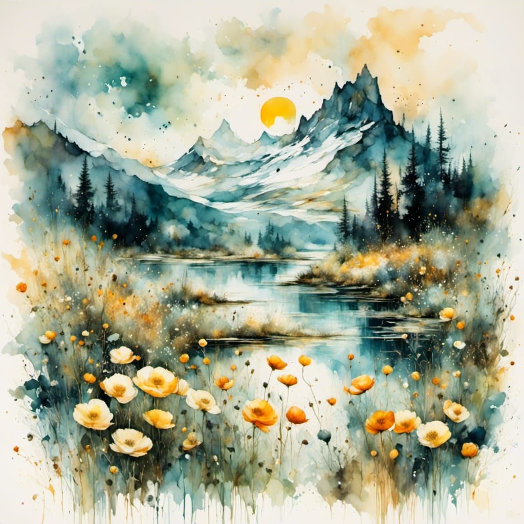 Luminous Crowfoot Carpet on Lake with Mountain Stream