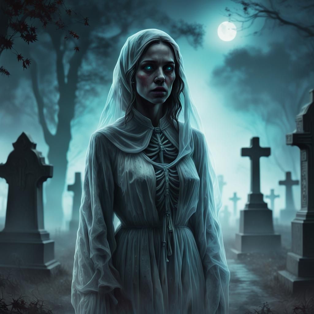 Eerie Bioluminescent Ghost in Haunted Cemetery