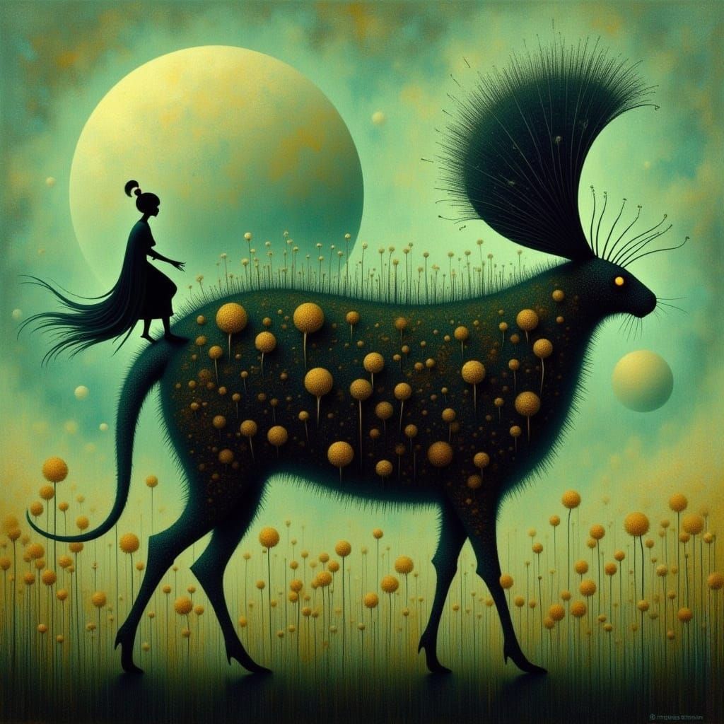 Cyberpunk Beast Rider Amidst Ethereal Cicada Song