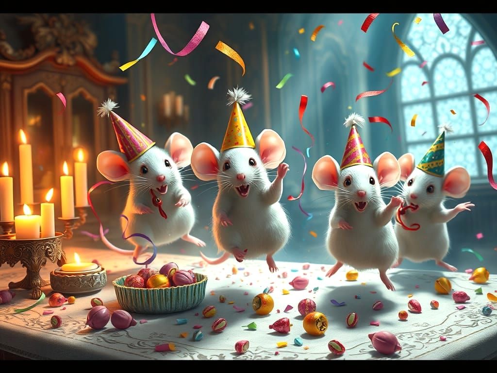 Joyful White Mice Dance on a Table in a Vibrant Fantasy Scen...