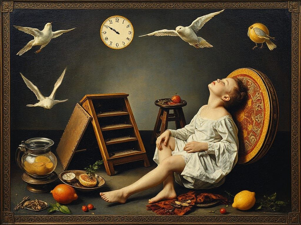 Surreal Oil Painting Inspired by Breughel and Symbolism