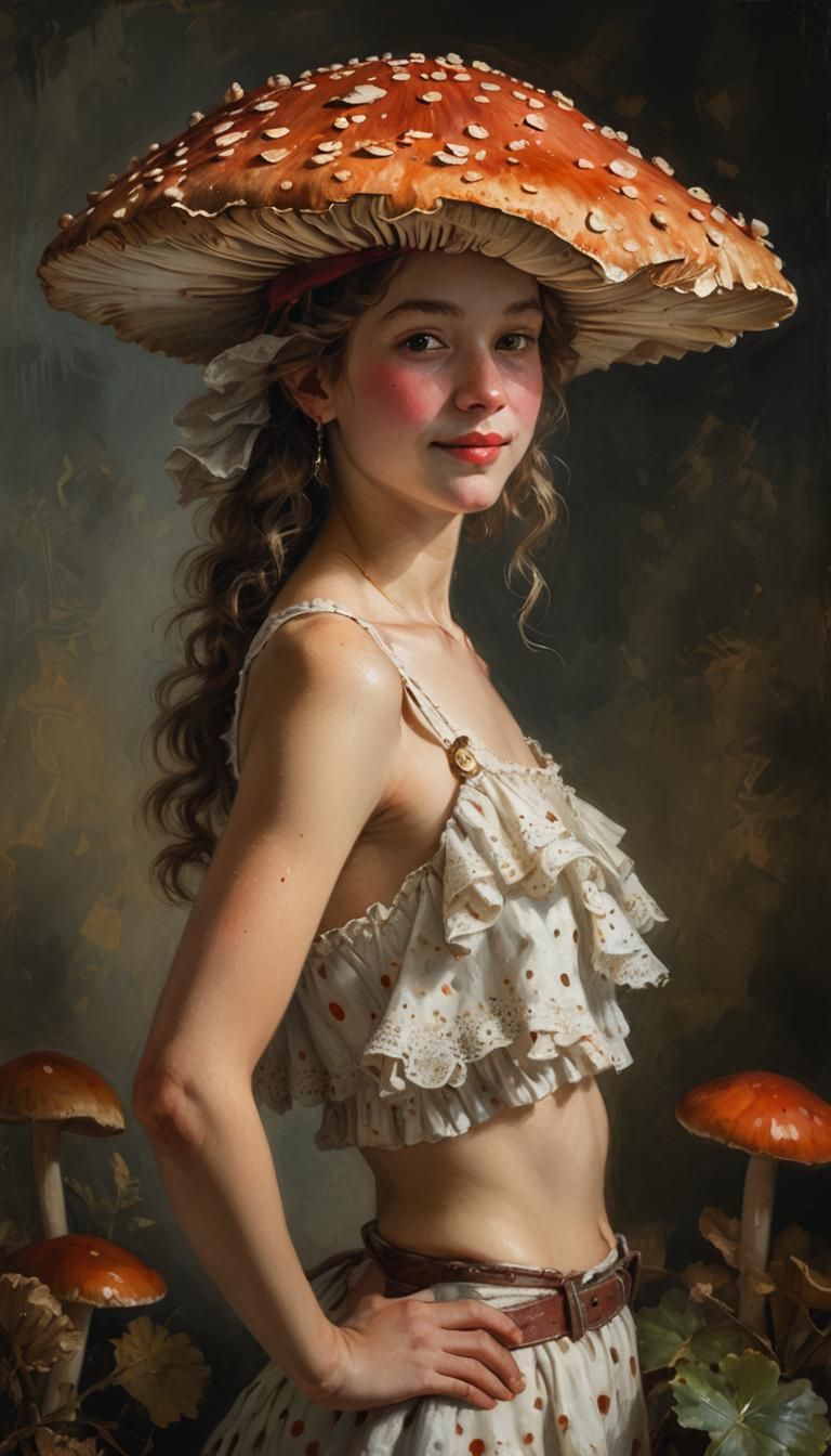 Girl in Mushroom Hat: Classical Oil Painting