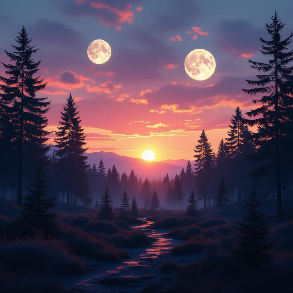 Alien Sunset with Two Moons, Cinematic Style