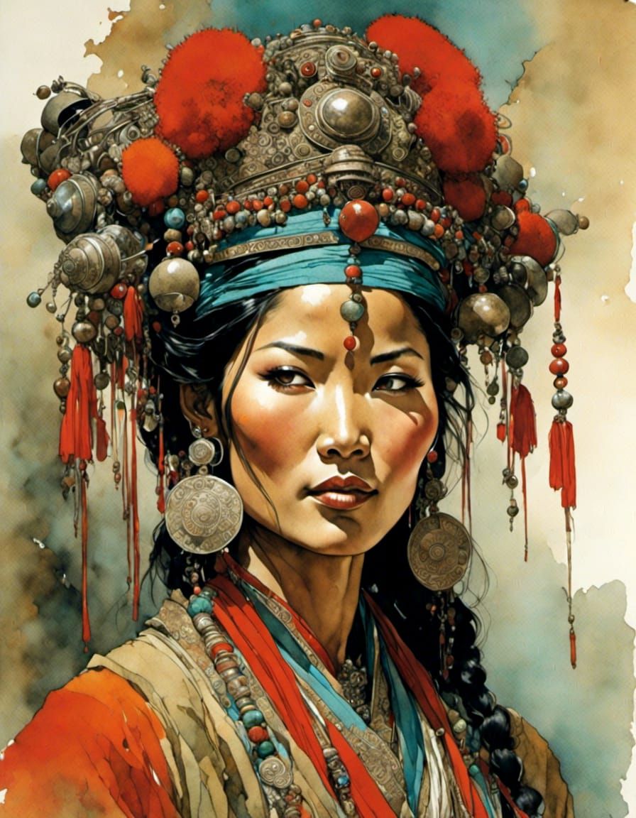 Tibetan Woman Portrait in Traditional Watercolor Style