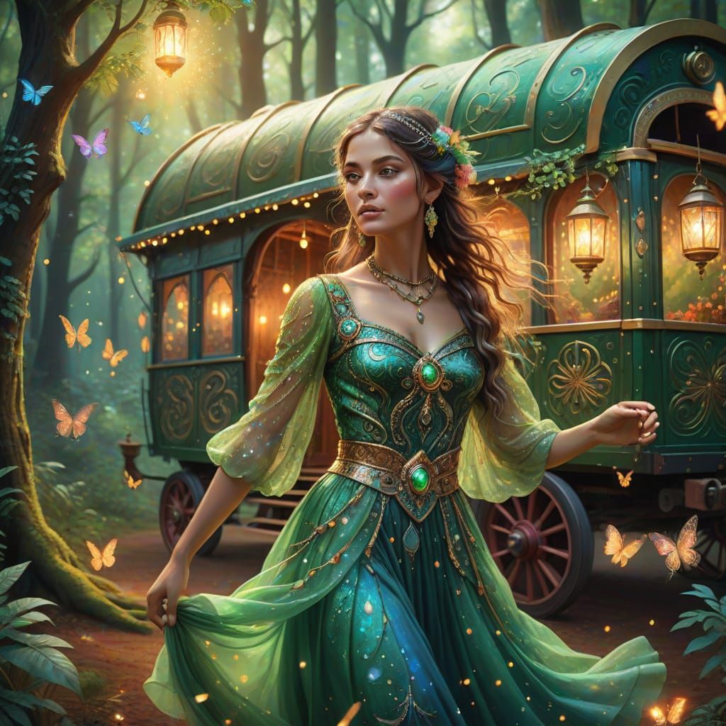 Enchanted Gypsy in Whimsical Forest Scene