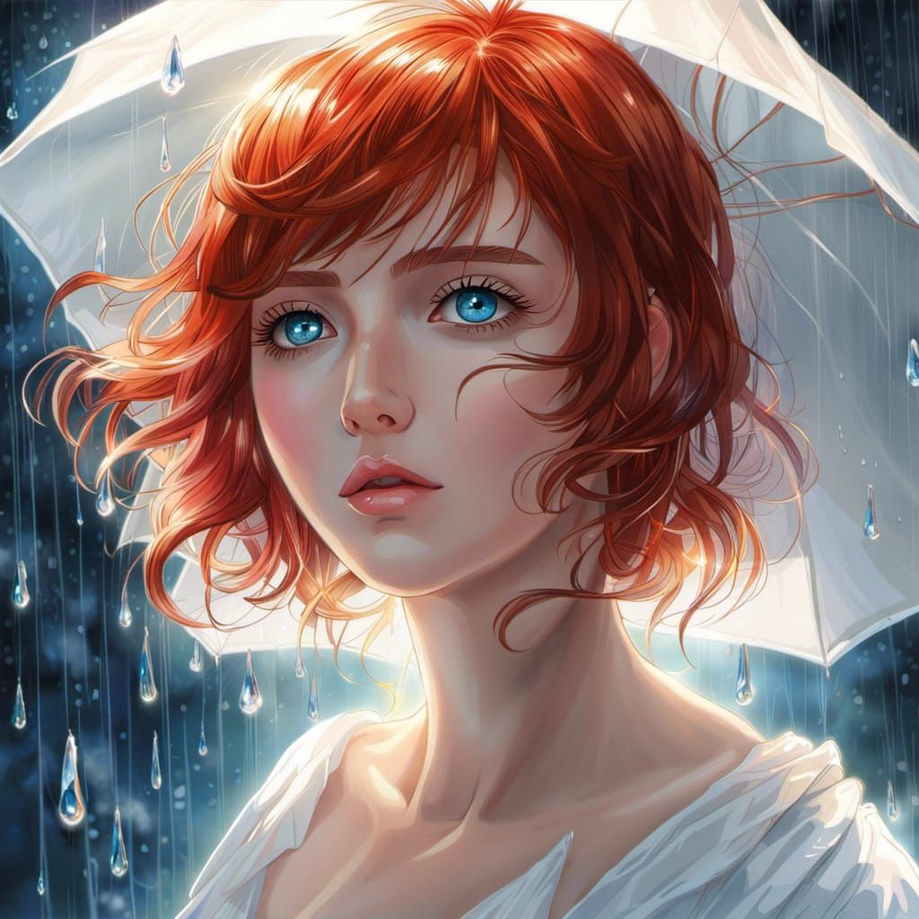 Anime Woman with Red Hair in Rain