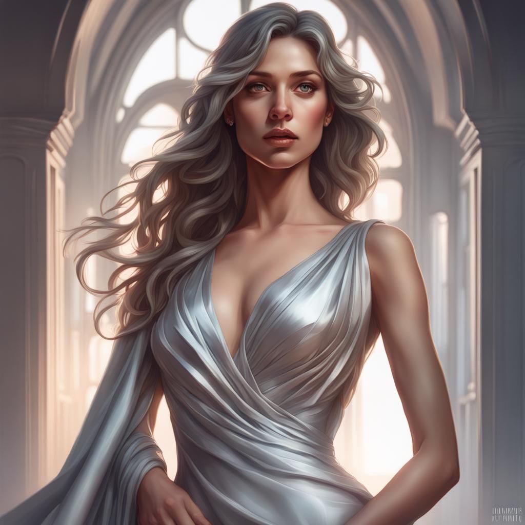 Gorgeous Woman in Silver Dress: Hyperdetailed Portrait