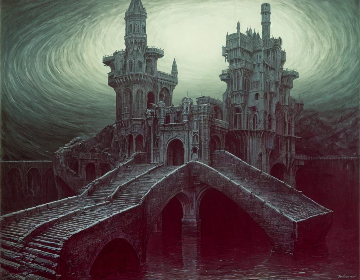 Surreal Castle with Drawbridges in Dreamlike Landscape