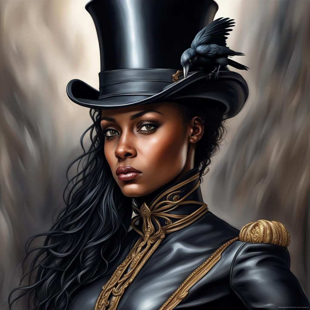 Up close portrait of beautiful victorian Equestrian woman sitting on a Black Stallion with raven hair that is cascading...