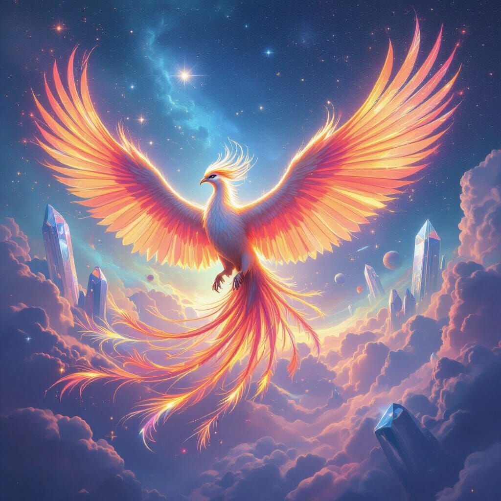 Phoenix Soaring Through Nebula Sky: Hyperrealistic Art