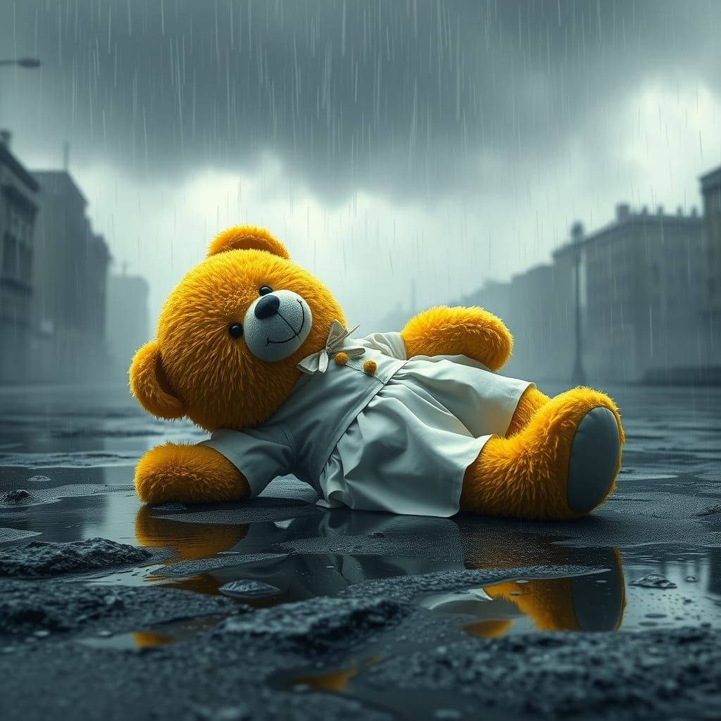 Abandoned Fantasy Teddy Bear in a Rainy Cityscape