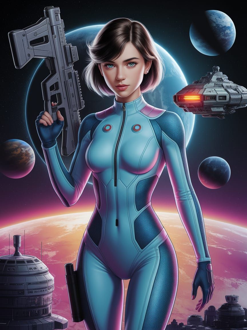 Retro Sci-Fi Woman with Needler Rifle in Anime Style