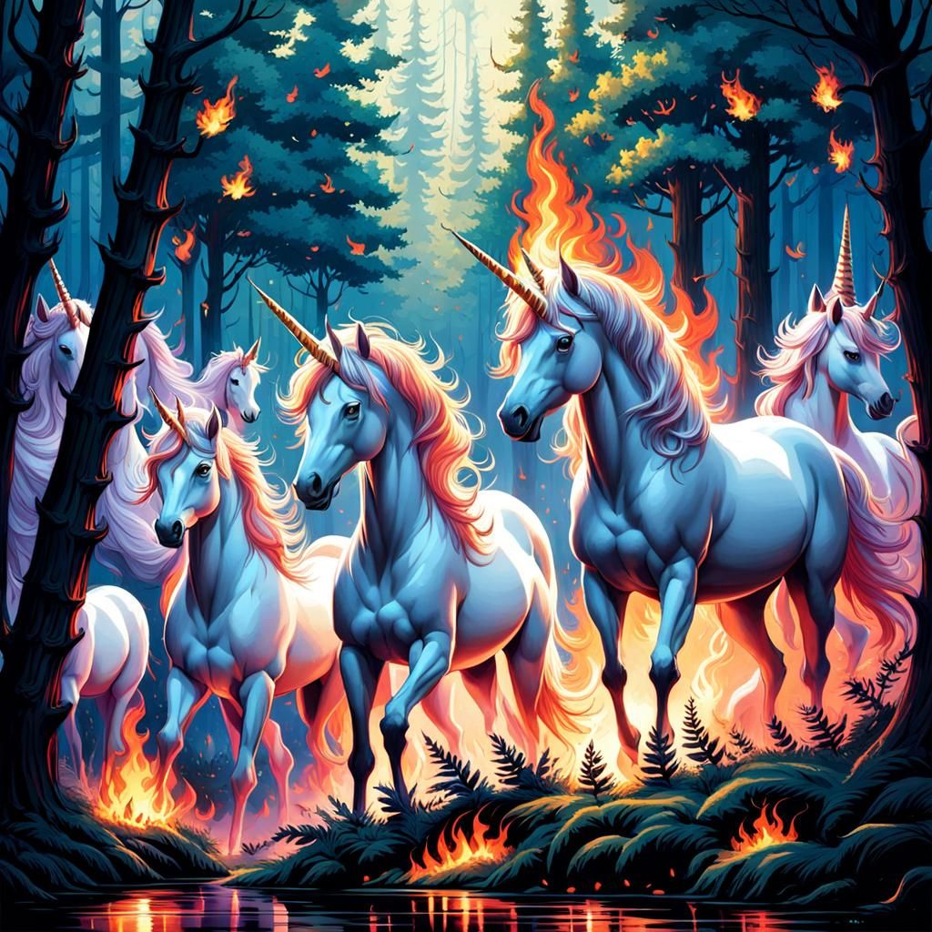 Unicorns Ablaze in Mysterious Forest