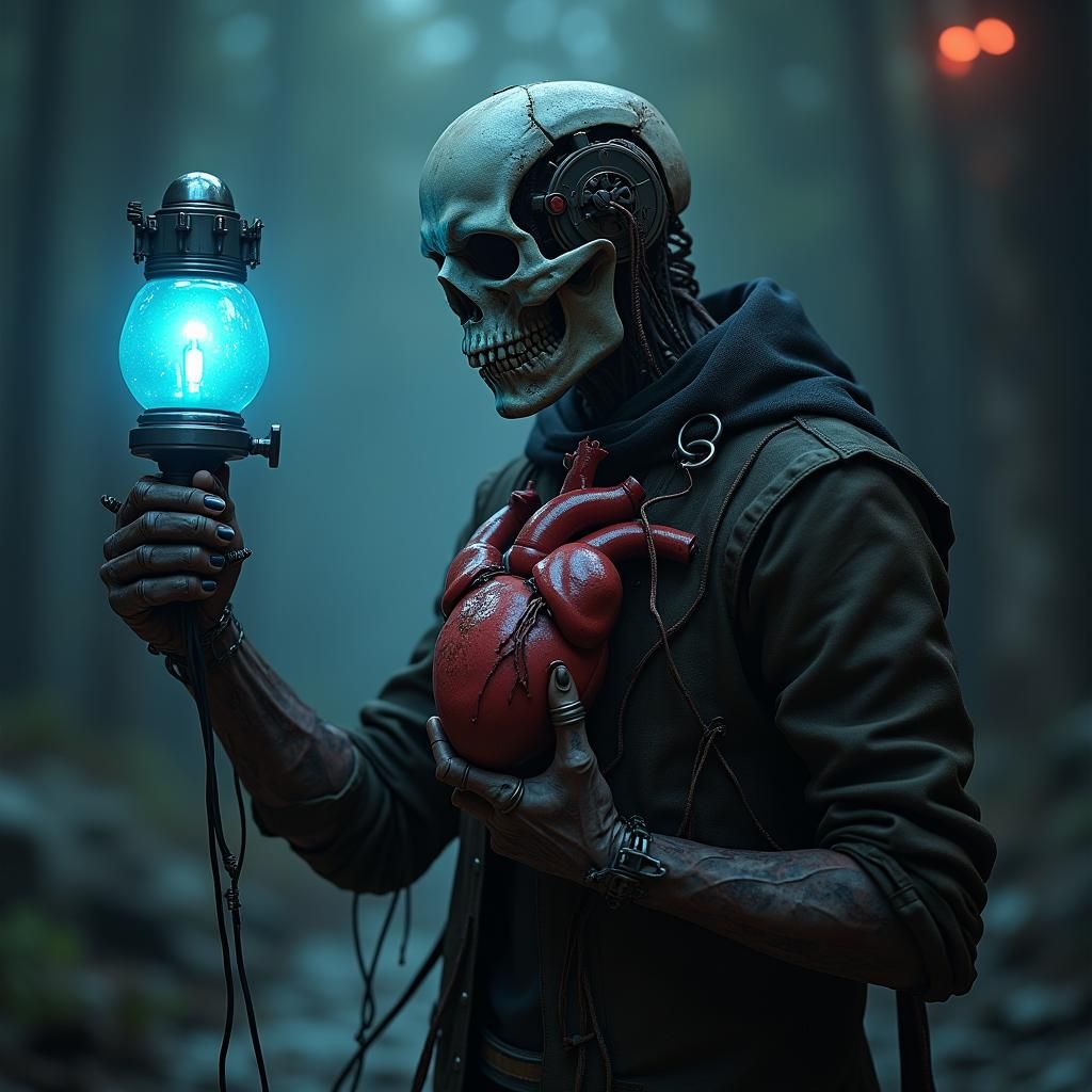 Zombie with Mechanical Heart in Sci-Fi Setting