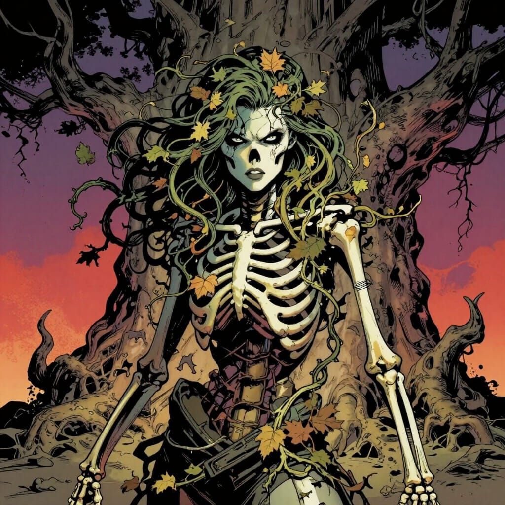 Skeleton Girl and Evil Tree in Comic Book Style