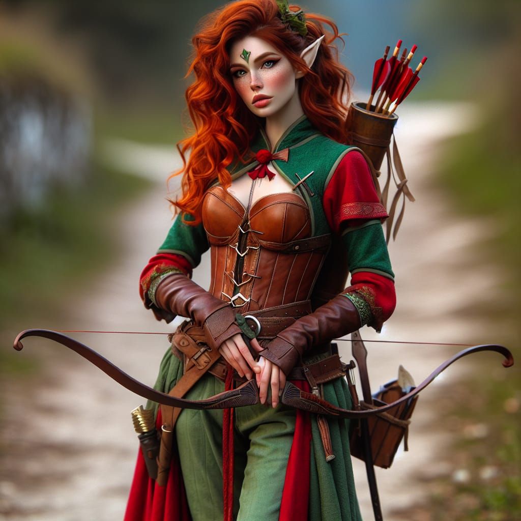 Ethereal Red-Haired Elf Archer on Rustic Trail