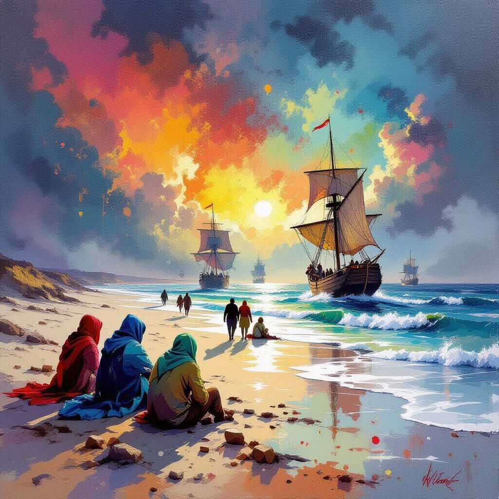 Stranded Pilgrims Watch Ships Sail Away in Vivid Street Art ...