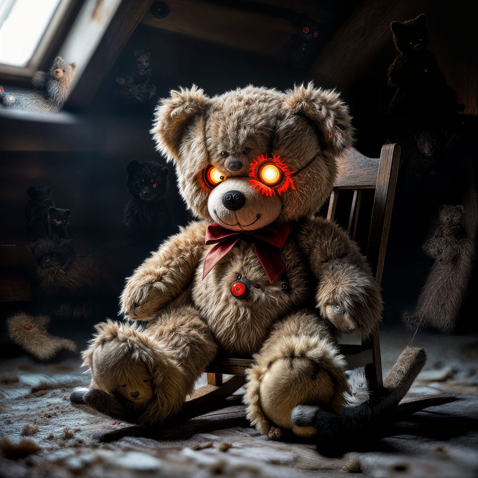 Sinister Teddy Bear Glows Red on Dusty Rocking Horse