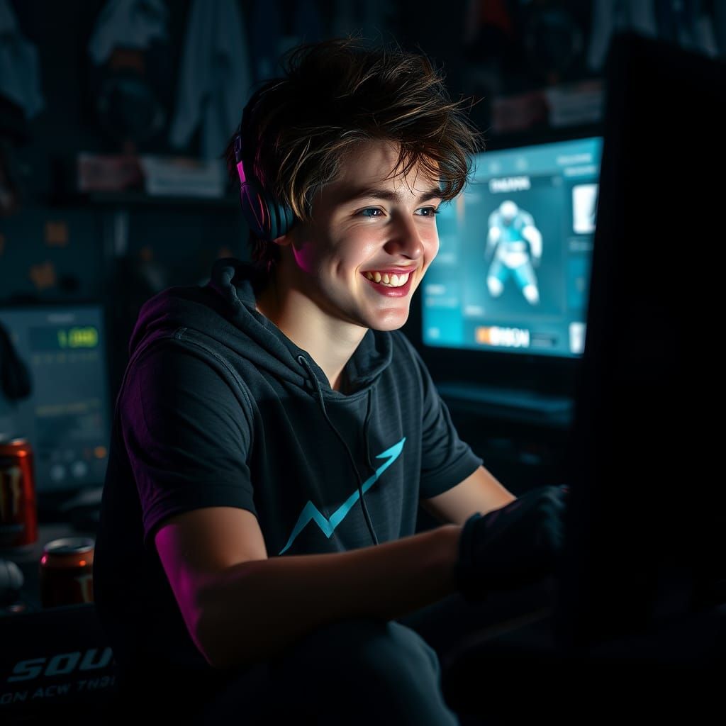 Hyperrealistic Gamer in Dimly Lit Room