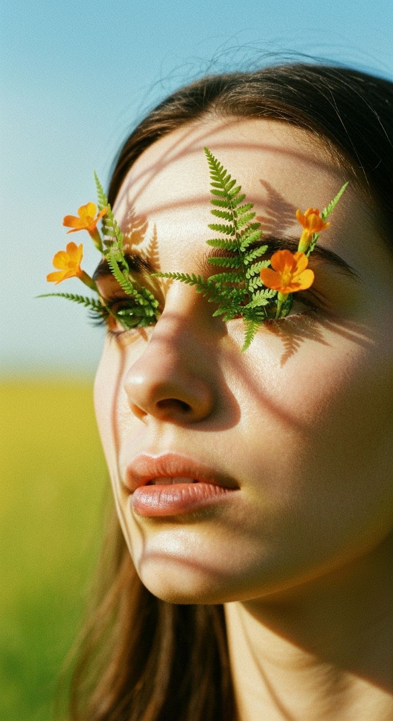 Woman's Eyes Bloom with Ferns and Flowers Gazing at Sun