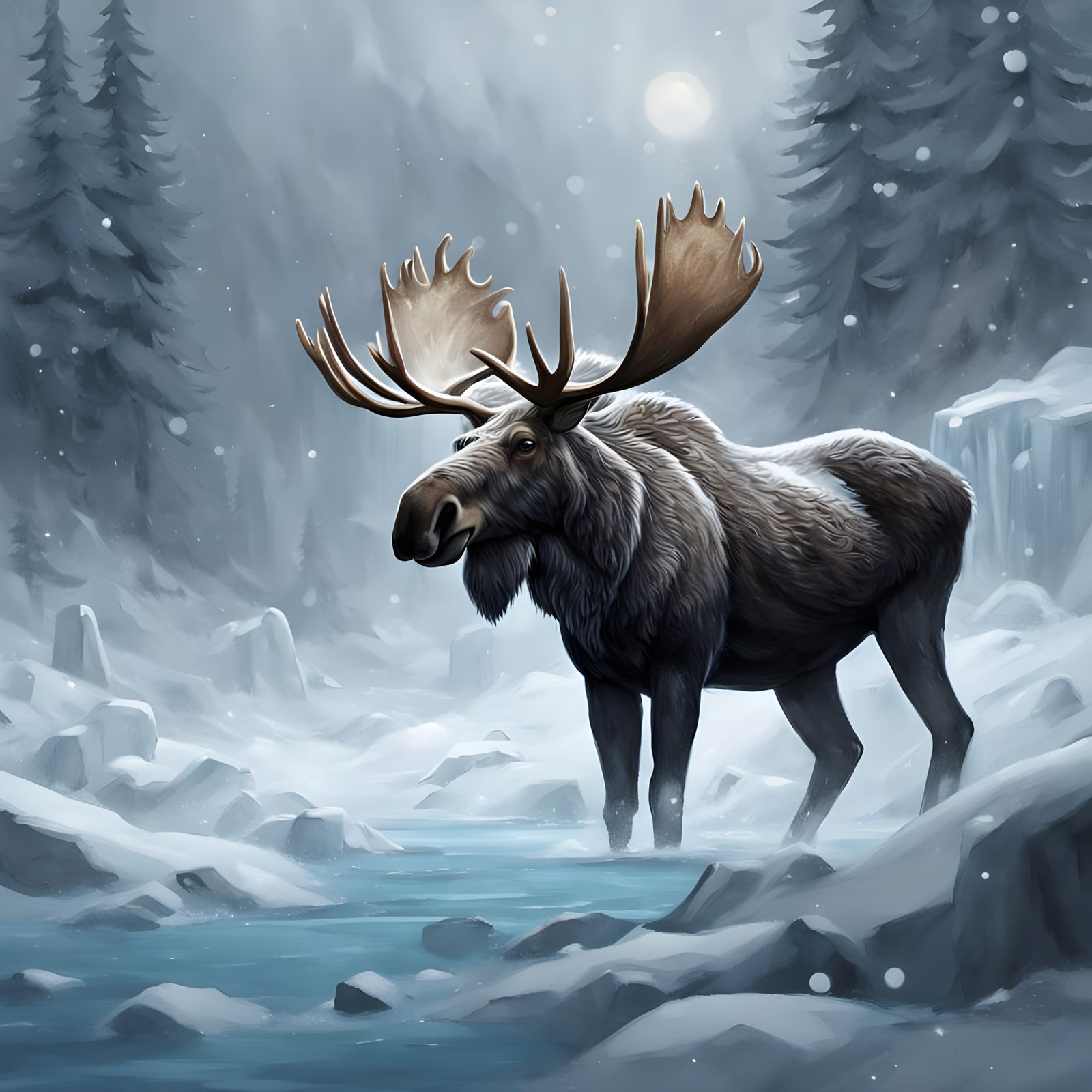 Majestic Moose in Frozen Fury Fantasy Art