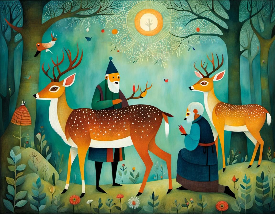 Grandfather Teaches Deer Care: Intricate Modern Art