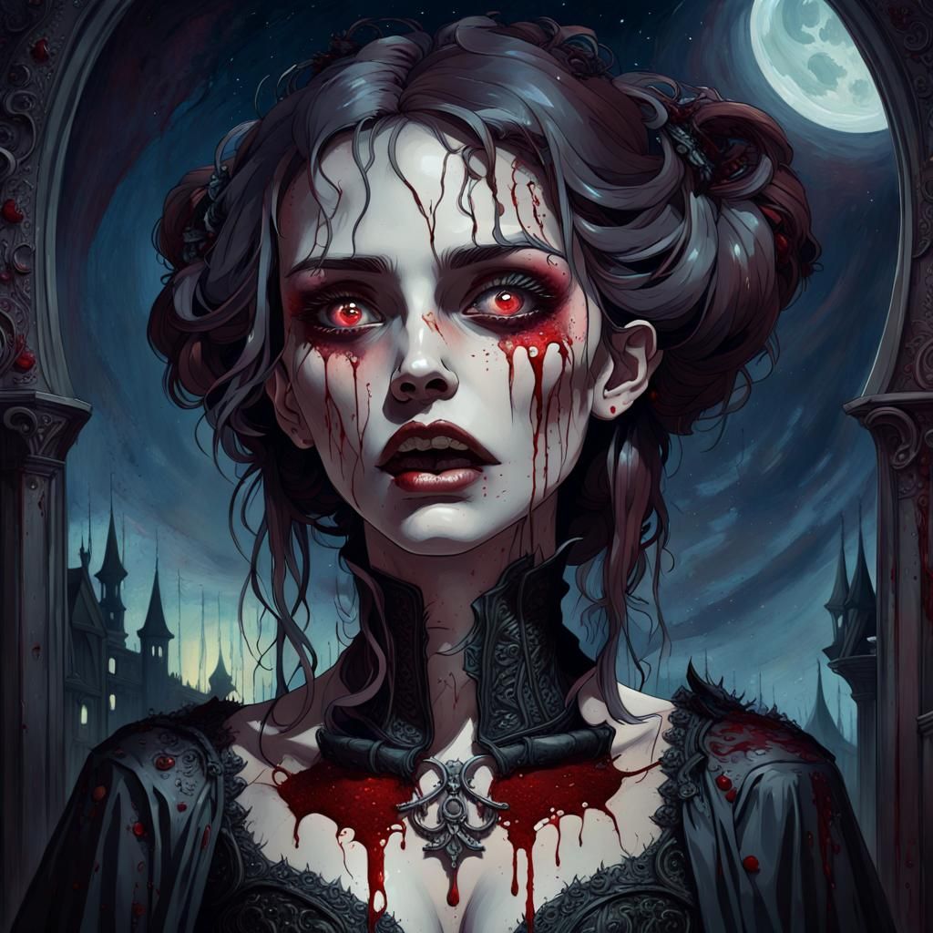 Gothic Vampiress with Holographic Blood: Oil and Watercolor