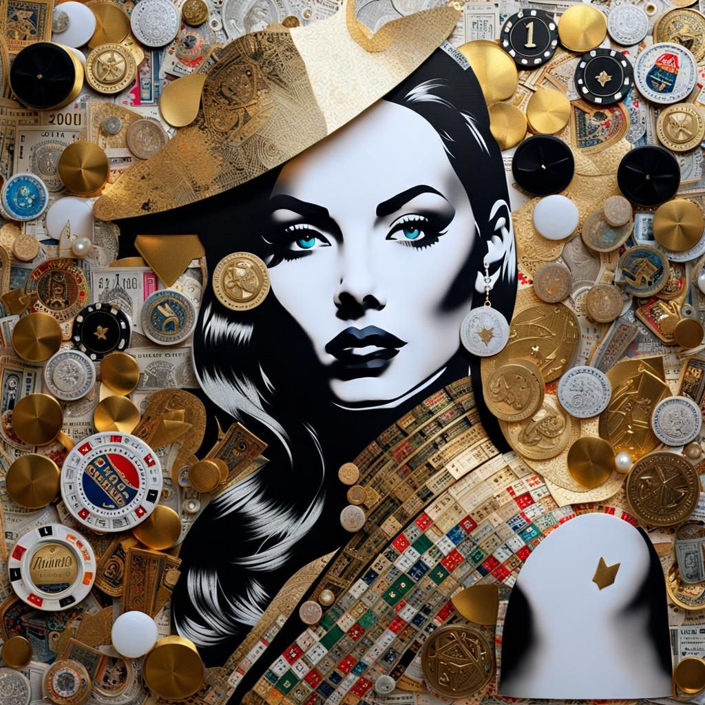 Retro Lady Luck Collage Art in Mixed Media