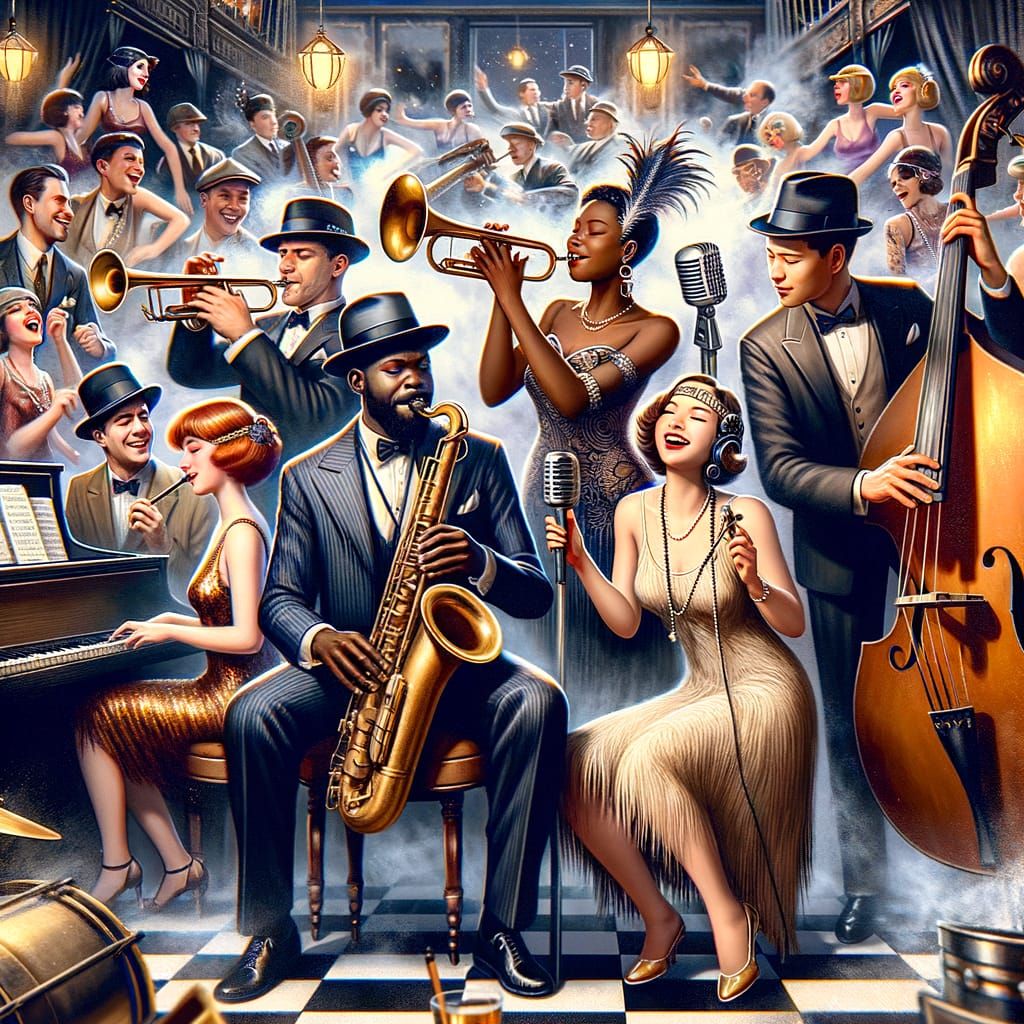 Jazz Age Musicians in a Vibrant Speakeasy