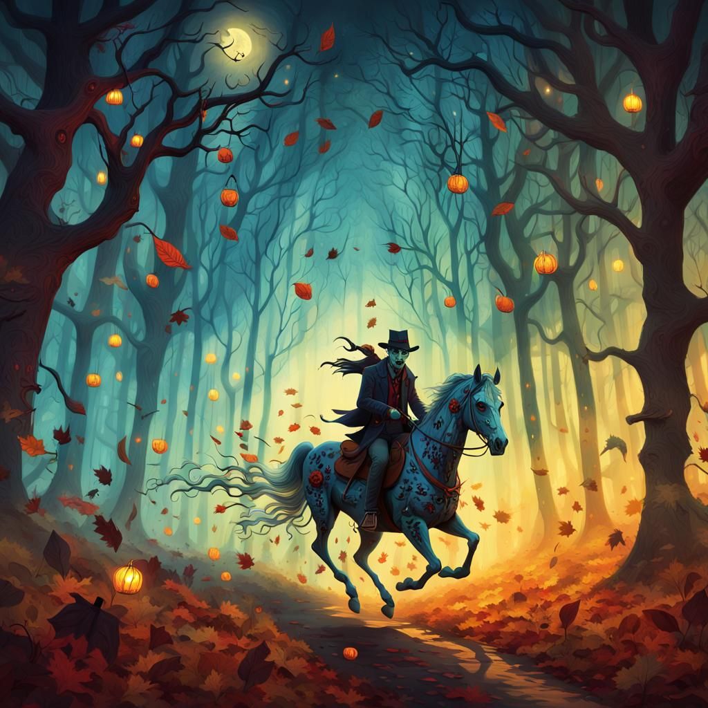 Zombie Outlaw Rides Through Eerie Autumn Forest