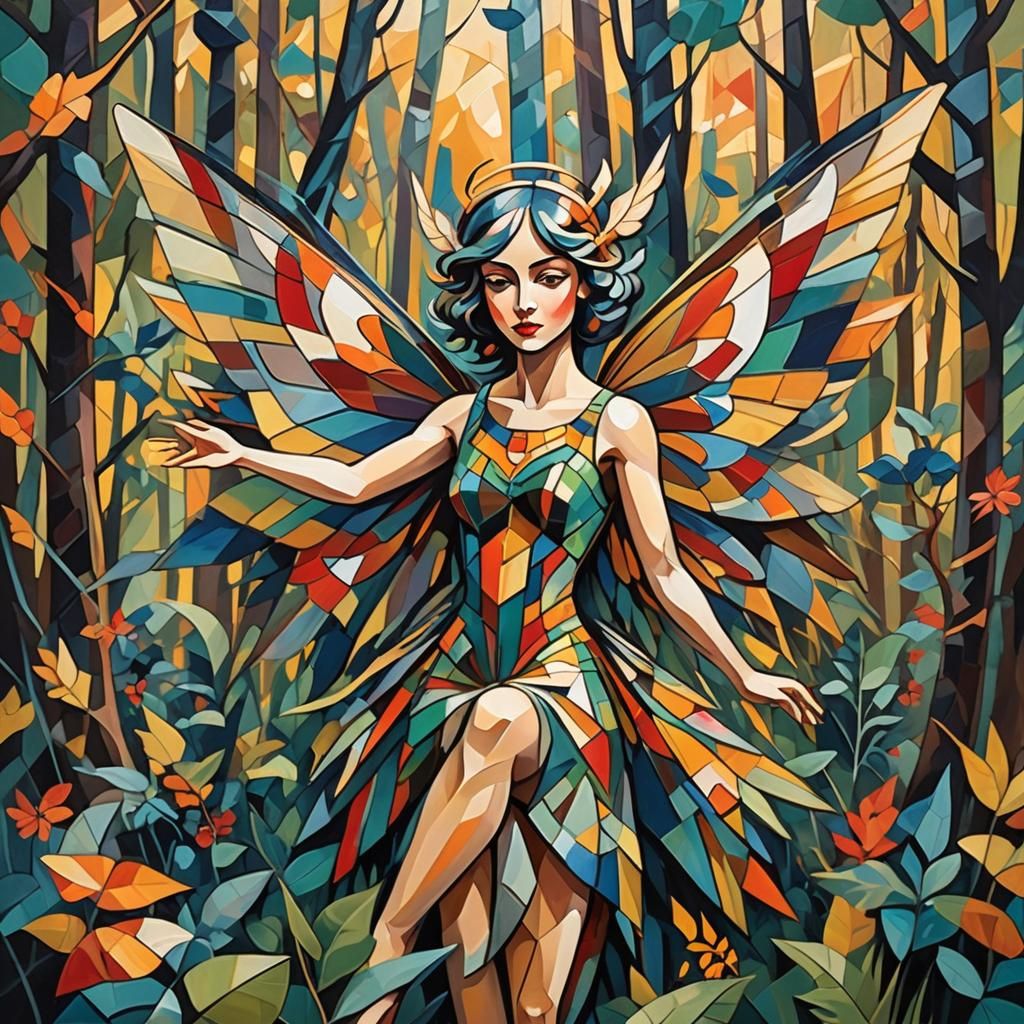 Geometric Fairy in Forest, Cubist Art Deco Style
