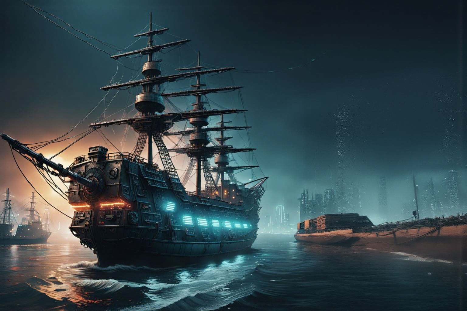 Cyberpunk Pirate Ship Docks in Electrified Port