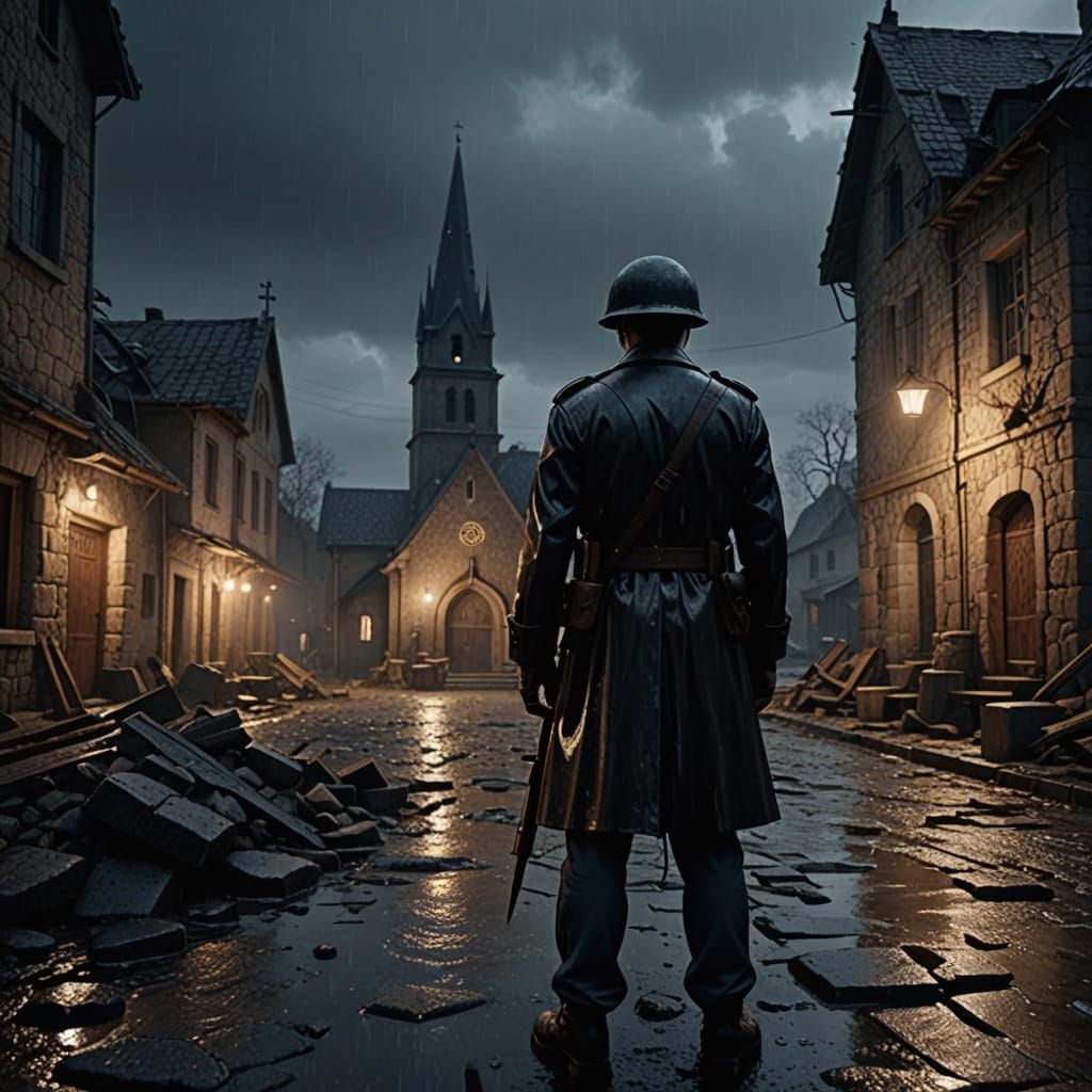 Gritty Soldier Stands in Rainy Village Under Noir Film Light...