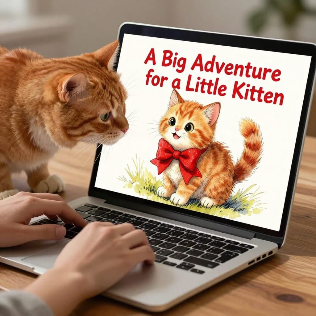Adorable Kitten Book Cover with Cat and Laptop