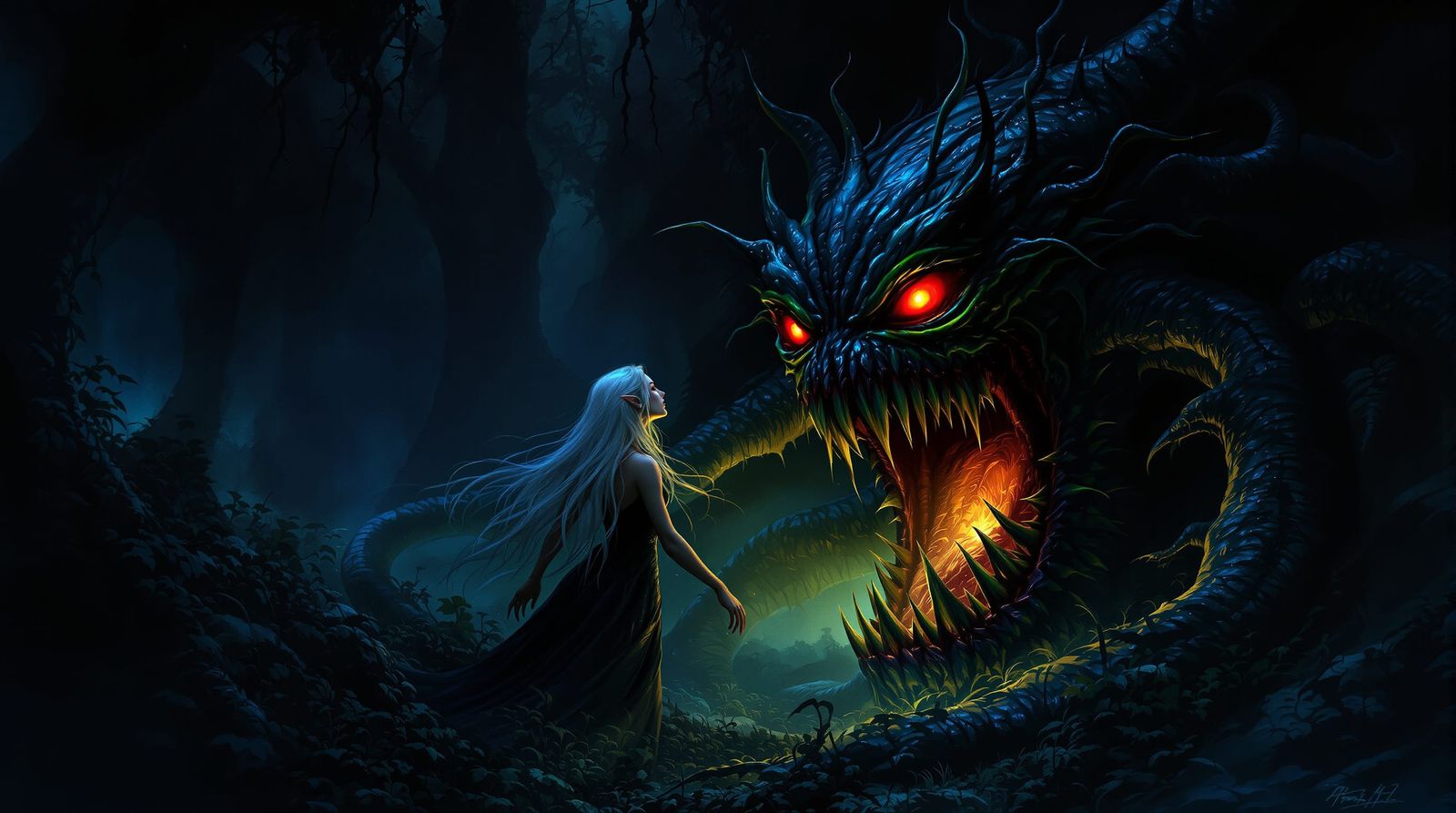 Dark Fantasy Elven Maiden Attacked by Carnivorous Plant