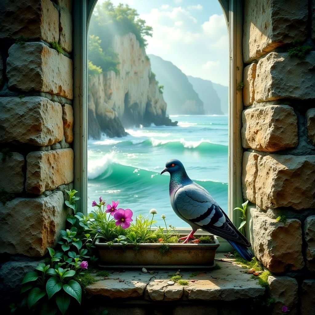 Ethereal Pigeon Amidst Sea-Swept Stone Cottage